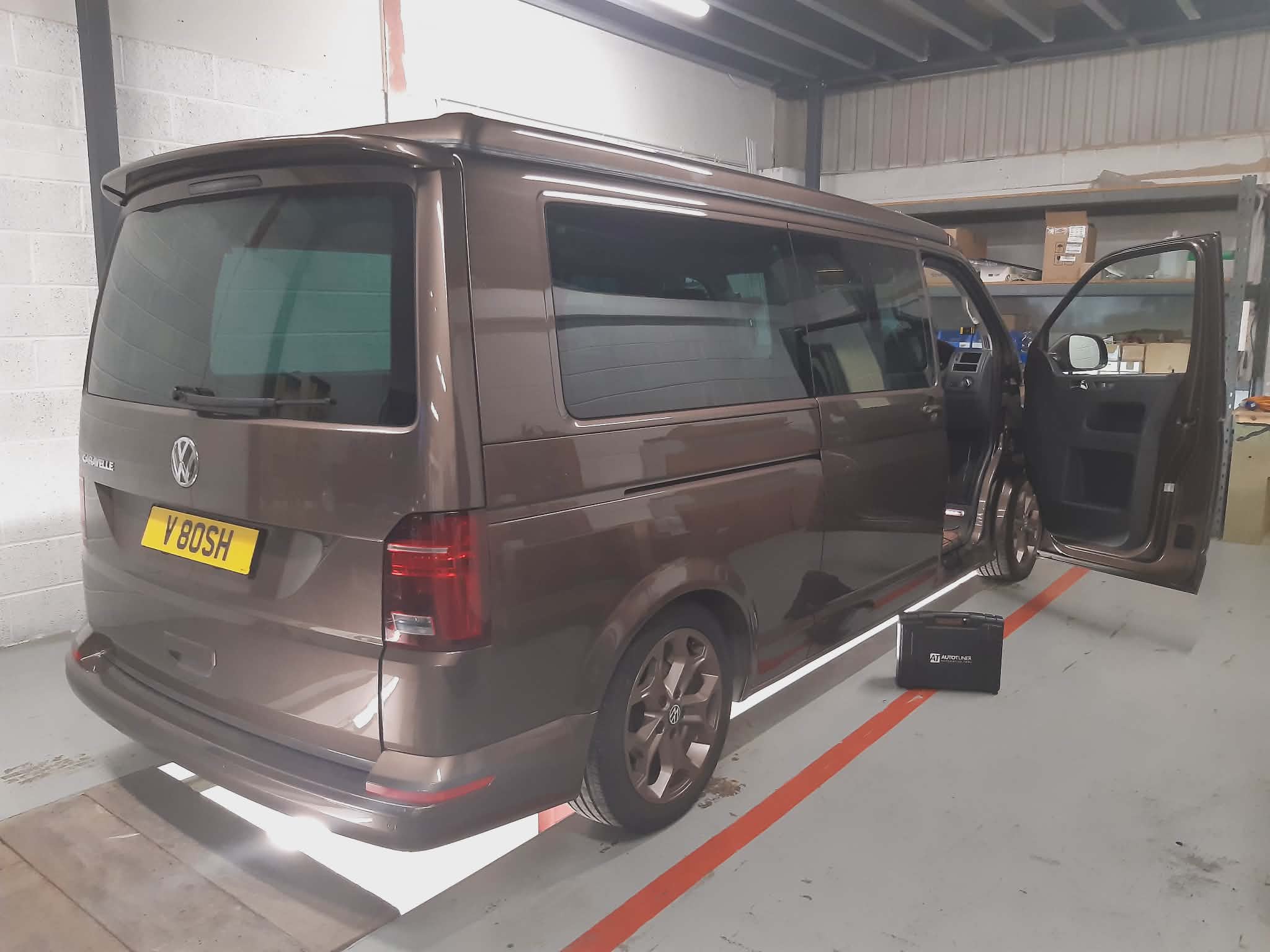 VW Transporter at Eco Remaps workshop, rear view